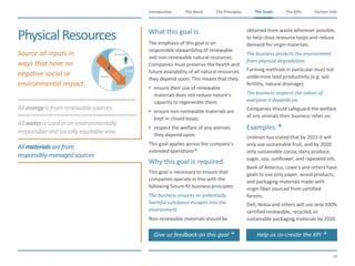 The Need The Principles The Goals Further InfoIntroduction
28
The KPIsThe Goals
Allenergyis fromrenewablesources
Allwaterisusedin an environmentally
responsibleand sociallyequitableway
Allmaterialsarefrom
responsibly-managedsources
PhysicalResources
​Source all inputs in
ways that have no
negative social or
environmental impact.
​What this goal is.
​The emphasis of this goal is on
responsible stewardship of renewable
and non-renewable natural resources.
Companies must preserve the health and
future availability of all natural resources
they depend upon. This means that they:
• ensure their use of renewable
materials does not reduce nature’s
capacity to regenerate them;
• ensure non-renewable materials are
kept in closed loops;
• respect the welfare of any animals
they depend upon.
​This goal applies across the company’s
extended operations.
​Why this goal is required.
​This goal is necessary to ensure that
companies operate in line with the
following future-fit business principles:
​The business ensures no potentially
harmful substance escapes into the
environment.
​Non-renewable materials should be
obtained from waste wherever possible,
to help close resource loops and reduce
demand for virgin materials.
​The business protects the environment
from physical degradation.
​Farming methods in particular must not
undermine land productivity (e.g. soil
fertility, natural drainage).
​The business respects the values of
everyone it depends on.
​Companies should safeguard the welfare
of any animals their business relies on.
​Examples.
Unilever has stated that by 2015 it will
only use sustainable fruit, and by 2020
only sustainable cocoa, dairy produce,
sugar, soy, sunflower, and rapeseed oils.
Bank of America, Lowe’s and others have
goals to use only paper, wood products,
and packaging materials made with
virgin fiber sourced from certified
forests.
Dell, Nokia and others will use only 100%
certified renewable, recycled, or
sustainable packaging materials by 2020.
Resources
Physical
Suppliers
Give us feedback on this goal  Help us co-create the KPI 
 