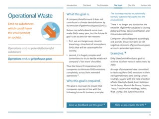 The Need The Principles The Goals Further InfoIntroduction
31
The KPIsThe Goals
OperationalWaste
Operationsemitno potentiallyharmful
substances
Operationsemitno greenhousegases
​Emit no substances
which could harm
the environment
or society.
​What this goal is.
​A company should ensure it does not
contribute to climate destabilization by
its emission of greenhouse gases (GHGs).
​Nature can safely absorb some man-
made GHGs every year, but the future-fit
goal is set to zero for two reasons:
• first, we are dangerously close to
breaching a threshold of atmospheric
GHGs that will be catastrophic for
society;
• second, it is hugely complex and
contentious to try to decide what each
company’s ‘fair share’ should be.
Thus the future-fit imperative is for
companies to eliminate GHG emissions
completely, across their extended
operations.
​Why this goal is required.
​This goal is necessary to ensure that
companies operate in line with the
following future-fit business principle:
​The business ensures no potentially
harmful substance escapes into the
environment.
​There is no longer any doubt that the
emission of greenhouse gases is causing
global warming, ocean acidification and
climate destabilization.
​Companies should respond accordingly
and work to ensure net zero or net
negative emissions of greenhouse gases
across its extended operations.
​Examples.
​Only GlaxoSmithKline has a goal to
achieve a carbon-neutral value chain, by
2050.
​A range of companies have committed
to reducing their GHG emissions in their
own operations to zero (being carbon
neutral), usually with the help of carbon
offsets: Deutsche Bank, Enel, Goldman
Sachs Group, Munich Re Group, Staples,
Tesco, Tokio Marine Holdings, Volvo,
Walt Disney, and Zurich Insurance.
W
aste
Give us feedback on this goal  Help us co-create the KPI 
 