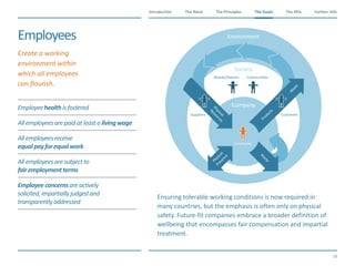 The Need The Principles The Goals Further InfoIntroduction
39
The KPIsThe Goals
​Ensuring tolerable working conditions is now required in
many countries, but the emphasis is often only on physical
safety. Future-fit companies embrace a broader definition of
wellbeing that encompasses fair compensation and impartial
treatment.
Employeehealthisfostered
Allemployeesarepaid at leasta livingwage
Allemployeesreceive
equalpayforequalwork
Allemployeesaresubjectto
fairemploymentterms
Employeeconcernsareactively
solicited,impartiallyjudged and
transparentlyaddressed
Environment
Society
Company
Resources
Physical
Products
W
aste
Presence
Physical
W
aste
Boards/Owners Communities
CustomersSuppliers
Employees
Employees
​Create a working
environment within
which all employees
can flourish.
 