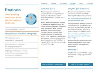 The Need The Principles The Goals Further InfoIntroduction
41
The KPIsThe Goals
Employeehealthisfostered
Allemployeesarepaid at leasta livingwage
Allemployeesreceive
equalpayforequalwork
Allemployeesaresubjectto
fairemploymentterms
Employeeconcernsareactively
solicited,impartiallyjudged and
transparentlyaddressed
Employees
​Create a working
environment within
which all employees
can flourish.
​What this goal is.
​A company should provide fair
compensation by ensuring that every
employee and contractor in their
extended operations is paid at least a
living wage.
​A living wage affords a decent standard
of living for the worker and his or her
family. Elements of a decent standard of
living include food, water, housing,
education, health care, transport,
clothing, and other essential needs
including provision for unexpected
events. Living wage values vary by region
and guidance is offered by government
agencies, academics and/or NGOs. It is
typically higher than the minimum wage
or poverty-line wage.
​Why this goal is required.
​This goal is necessary to ensure that
companies operate in line with the
following future-fit business principles:
​The business safeguards the health of
everyone it depends upon.
​Companies should safeguard employee
health by ensuring all employees have
the means to attain health coverage, to
eat a balanced diet and to be free of
concerns about meeting basic needs.
​The business ensures that everyone it
depends upon has the opportunity to
learn and grow.
​All employees should be compensated
such that they have the physical and
mental means to pursue personal
development.
​Examples.
​Only Novartis has committed to paying
all employees a living wage, adjusted
annually.
Employees
Give us feedback on this goal  Help us co-create the KPI 
 