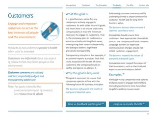 The Need The Principles The Goals Further InfoIntroduction
50
The KPIsThe Goals
Productsdonot underminepeople'shealth
whenusedasintended
Customersareinformedabout any aspect
ofproductsthat mayharm peopleorthe
environment
Customerconcernsareactively
solicited,impartiallyjudged and
transparentlyaddressed
Note:Forgoalsrelatedtothe
environmentalimpact ofproducts
seeProductUse&Waste
​Engage and empower
customers to act in the
best interests of people
and the environment.
Customers ​What this goal is.
​It is good business sense for any
company to actively engage its
customers. As with other future-fit goals,
the intent here is to ensure that every
company does at least the minimum
necessary to engage its customers. That
is, the company gives its customers a
voice by actively soliciting their views,
investigating their concerns impartially,
and acting to address legitimate
grievances transparently.
​Transparency is key here. For example, if
a customer reports a product fault that
could jeopardize the health of other
customers, the company should act
swiftly and openly to address it.
​Why this goal is required.
​This goal is necessary to ensure that
companies operate in line with the
following future-fit business principles:
​The business safeguards the health of
everyone it depends upon.
​Addressing customer concerns swiftly
and transparently is important both for
customer health and for long-term
business value.
​The business ensures that everyone it
depends upon has a voice.
​Companies should ensure their
customers have appropriate channels to
contact the company and raise concerns.
Language barriers or expensive
communication charges should not
inhibit customer engagement.
​The business respects the values of
everyone it depends upon.
​Companies must respect the values of
their customers, such as their cultural
expectations and religious beliefs.
​Examples.
​Although many companies have policies
and processes to engage stakeholders
(including customers) none have clear
targets to address issues raised.
Customers
Give us feedback on this goal  Help us co-create the KPI 
 