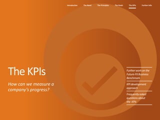 The Need The Principles The Goals Further InfoIntroduction The KPIs
Furtherworkonthe
Future-FitBusiness
Benchmark
KPIdevelopment
approach
Frequentlyasked
questionsabout
the KPIs
The KPIs
How can we measure a
company’s progress?
 
