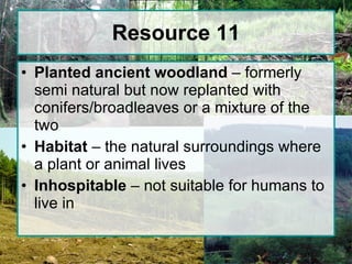 Resource 11 Planted ancient woodland  – formerly semi natural but now replanted with conifers/broadleaves or a mixture of the two  Habitat  – the natural surroundings where a plant or animal lives  Inhospitable  – not suitable for humans to live in 