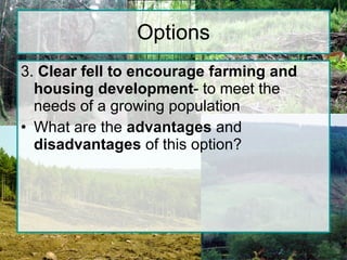 Options 3.  Clear fell to encourage farming and housing development - to meet the needs of a growing population What are the  advantages  and  disadvantages  of this option? 