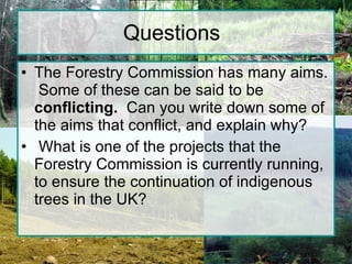 Questions The Forestry Commission has many aims.  Some of these can be said to be  conflicting.   Can you write down some of the aims that conflict, and explain why?   What is one of the projects that the Forestry Commission is currently running, to ensure the continuation of indigenous trees in the UK? 