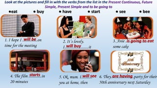1. I hope I ...............on
time for the meeting
2. It’s lovely.
I........................it
3. Anie ........................
some cake
4. The film .............in
20 minutes
5. Ok, mum. I...........
you at home, then
6. They.......................party for their
50th anniversary next Saturday
Look at the pictures and fill in with the verbs from the list in the Present Continuous, Future
Simple, Present Simple and to be going to
●eat ● buy ● have ● start ● see ● bee
will be
will buy
is going to eat
starts will see are having
 