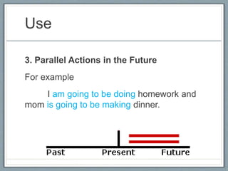 Use
3. Parallel Actions in the Future
For example
I am going to be doing homework and
mom is going to be making dinner.
 
