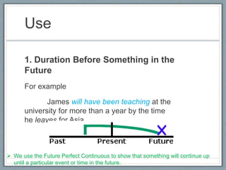 Use
1. Duration Before Something in the
Future
For example
James will have been teaching at the
university for more than a year by the time
he leaves for Asia.
 We use the Future Perfect Continuous to show that something will continue up
until a particular event or time in the future.
 