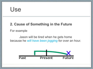 Use
2. Cause of Something in the Future
For example
Jason will be tired when he gets home
because he will have been jogging for over an hour.
 