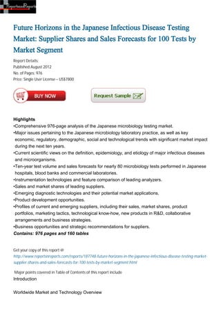 Future Horizons in the Japanese Infectious Disease Testing
Market: Supplier Shares and Sales Forecasts for 100 Tests by
Market Segment
Report Details:
Published:August 2012
No. of Pages: 976
Price: Single User License – US$7800




Highlights
•Comprehensive 976-page analysis of the Japanese microbiology testing market.
•Major issues pertaining to the Japanese microbiology laboratory practice, as well as key
 economic, regulatory, demographic, social and technological trends with significant market impact
 during the next ten years.
•Current scientific views on the definition, epidemiology, and etiology of major infectious diseases
 and microorganisms.
•Ten-year test volume and sales forecasts for nearly 80 microbiology tests performed in Japanese
 hospitals, blood banks and commercial laboratories.
•Instrumentation technologies and feature comparison of leading analyzers.
•Sales and market shares of leading suppliers.
•Emerging diagnostic technologies and their potential market applications.
•Product development opportunities.
•Profiles of current and emerging suppliers, including their sales, market shares, product
 portfolios, marketing tactics, technological know-how, new products in R&D, collaborative
 arrangements and business strategies.
•Business opportunities and strategic recommendations for suppliers.
Contains: 976 pages and 160 tables


Get your copy of this report @
http://www.reportsnreports.com/reports/187748-future-horizons-in-the-japanese-infectious-disease-testing-market-
supplier-shares-and-sales-forecasts-for-100-tests-by-market-segment.html

Major points covered in Table of Contents of this report include
Introduction


Worldwide Market and Technology Overview
 