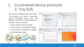 2. Constrained device protocols
3. Tiny SOA
The hardware platform based on MicaZ.
The Gateway and Server components
where developed using Java, and
Registry consisted of a MySQL database.
TinyVisor system showing:
 a the network selection dialog,
 b the network visualization in data,
 c the network visualization in graph,
 and d topology modes.
17/60
 