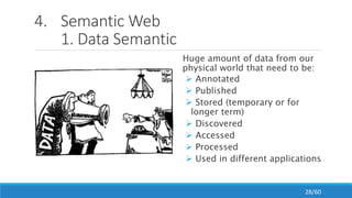 4. Semantic Web
1. Data Semantic
Huge amount of data from our
physical world that need to be:
 Annotated
 Published
 Stored (temporary or for
longer term)
 Discovered
 Accessed
 Processed
 Used in different applications
28/60
 