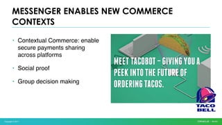 Copyright © 2017
• Contextual Commerce: enable
secure payments sharing
across platforms
• Social proof
• Group decision making
MESSENGER ENABLES NEW COMMERCE
CONTEXTS
 