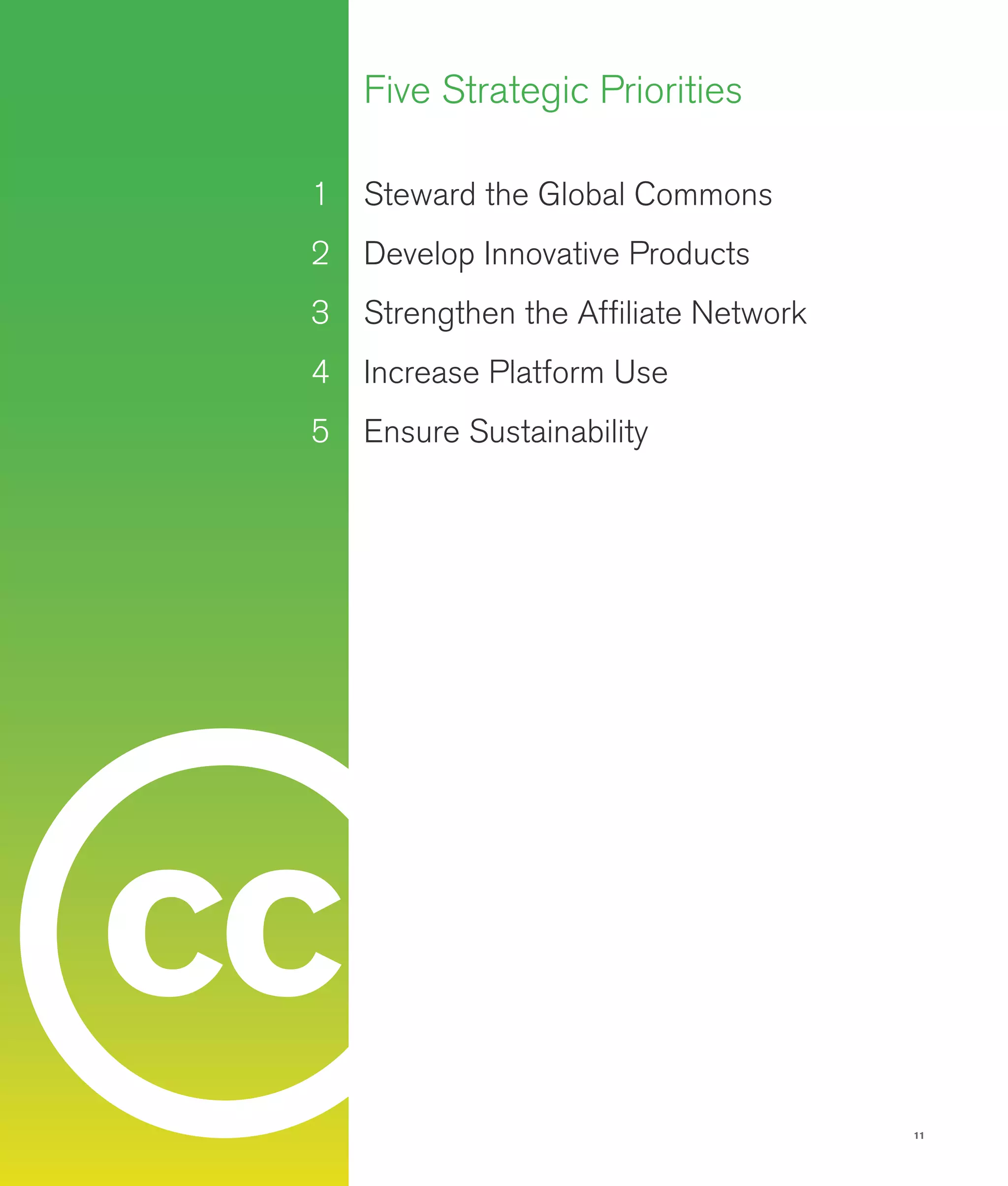 11c
Five Strategic Priorities
1	 Steward the Global Commons
2	 Develop Innovative Products
3	 Strengthen the Affiliate Network
4	 Increase Platform Use
5 Ensure Sustainability
 