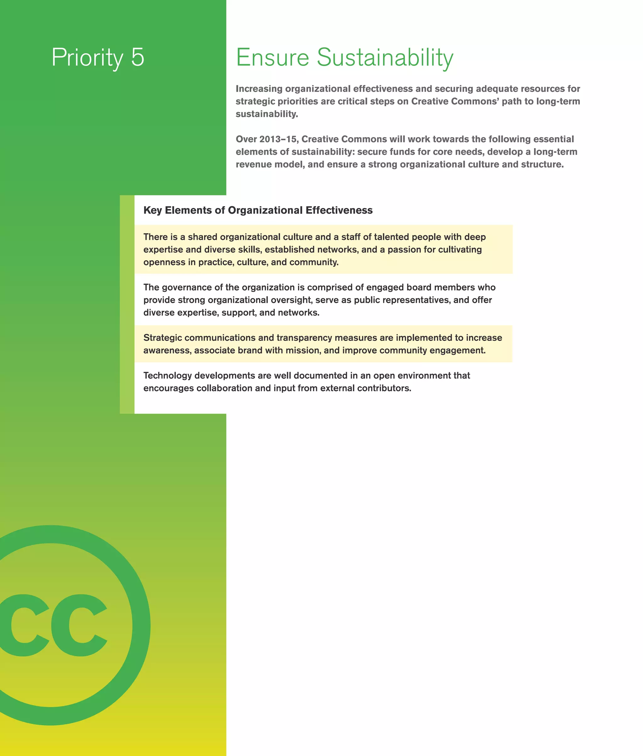 16
c
Ensure Sustainability
Increasing organizational effectiveness and securing adequate resources for
strategic priorities are critical steps on Creative Commons’ path to long-term
sustainability.
Over 2013–15, Creative Commons will work towards the following essential
elements of sustainability: secure funds for core needs, develop a long-term
revenue model, and ensure a strong organizational culture and structure.
Priority 5
Key Elements of Organizational Effectiveness
There is a shared organizational culture and a staff of talented people with deep
expertise and diverse skills, established networks, and a passion for cultivating
openness in practice, culture, and community.
The governance of the organization is comprised of engaged board members who
provide strong organizational oversight, serve as public representatives, and offer
diverse expertise, support, and networks.
Strategic communications and transparency measures are implemented to increase
awareness, associate brand with mission, and improve community engagement.
Technology developments are well documented in an open environment that
encourages collaboration and input from external contributors.
c
 