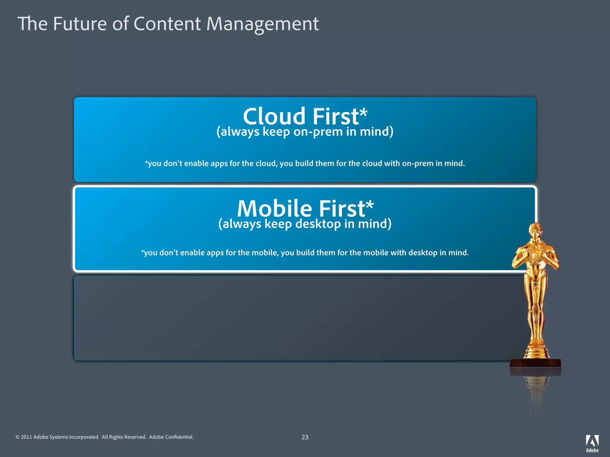 e Future of Content Management



                                                                                 Cloud First*
                                                                             (always keep on-prem in mind)

                                                     *you don’t enable apps for the cloud, you build them for the cloud with on-prem in mind.




                                                                                Mobile First*
                                                                             (always keep desktop in mind)

                                                    *you don’t enable apps for the mobile, you build them for the mobile with desktop in mind.




                                                                           MobileFirst*a social graph)
                                                                            Social and hasmind)
                                                             (every user is a contributor
                                                                                          First*
                                                                       (always keep desktop in

                                                    *you don’t enable apps for the mobile, you build them for the mobile with desktop in mind.
                                                                    *context is a rst-class citizen, everybody is a contributor.




© 2011 Adobe Systems Incorporated. All Rights Reserved. Adobe Con dential.                      23
 
