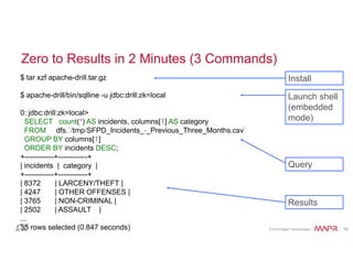 Zero to Results in 2 Minutes (3 Commands) 
$ tar xzf apache-drill.tar.gz 
$ apache-drill/bin/sqlline -u jdbc:drill:zk=local 
0: jdbc:drill:zk=local> 
SELECT count(*) AS incidents, columns[1] AS category 
FROM dfs.`/tmp/SFPD_Incidents_-_Previous_Three_Months.csv` 
GROUP BY columns[1] 
ORDER BY incidents DESC; 
+------------+------------+ 
| incidents | category | 
+------------+------------+ 
| 8372 | LARCENY/THEFT | 
| 4247 | OTHER OFFENSES | 
| 3765 | NON-CRIMINAL | 
| 2502 | ASSAULT | 
... 
35 rows selected (0.847 seconds) 
Install 
Launch shell 
(embedded 
mode) 
Query 
Results 
© 2014 MapR Technologies 16 
 