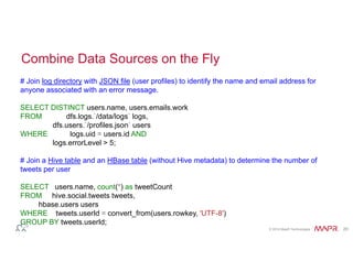 Combine Data Sources on the Fly 
# Join log directory with JSON file (user profiles) to identify the name and email address for 
anyone associated with an error message. 
SELECT DISTINCT users.name, users.emails.work 
FROM dfs.logs.`/data/logs` logs, 
© 2014 MapR Technologies 20 
dfs.users.`/profiles.json` users 
WHERE logs.uid = users.id AND 
logs.errorLevel > 5; 
# Join a Hive table and an HBase table (without Hive metadata) to determine the number of 
tweets per user 
SELECT users.name, count(*) as tweetCount 
FROM hive.social.tweets tweets, 
hbase.users users 
WHERE tweets.userId = convert_from(users.rowkey, 'UTF-8') 
GROUP BY tweets.userId; 
 