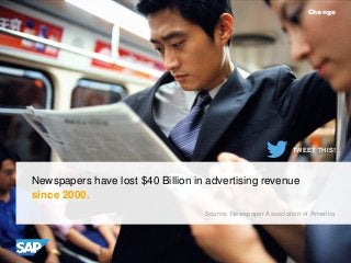 Change

TWEET THIS!

Newspapers have lost $40 Billion in advertising revenue
since 2000.
Source: Newspaper Association of ...