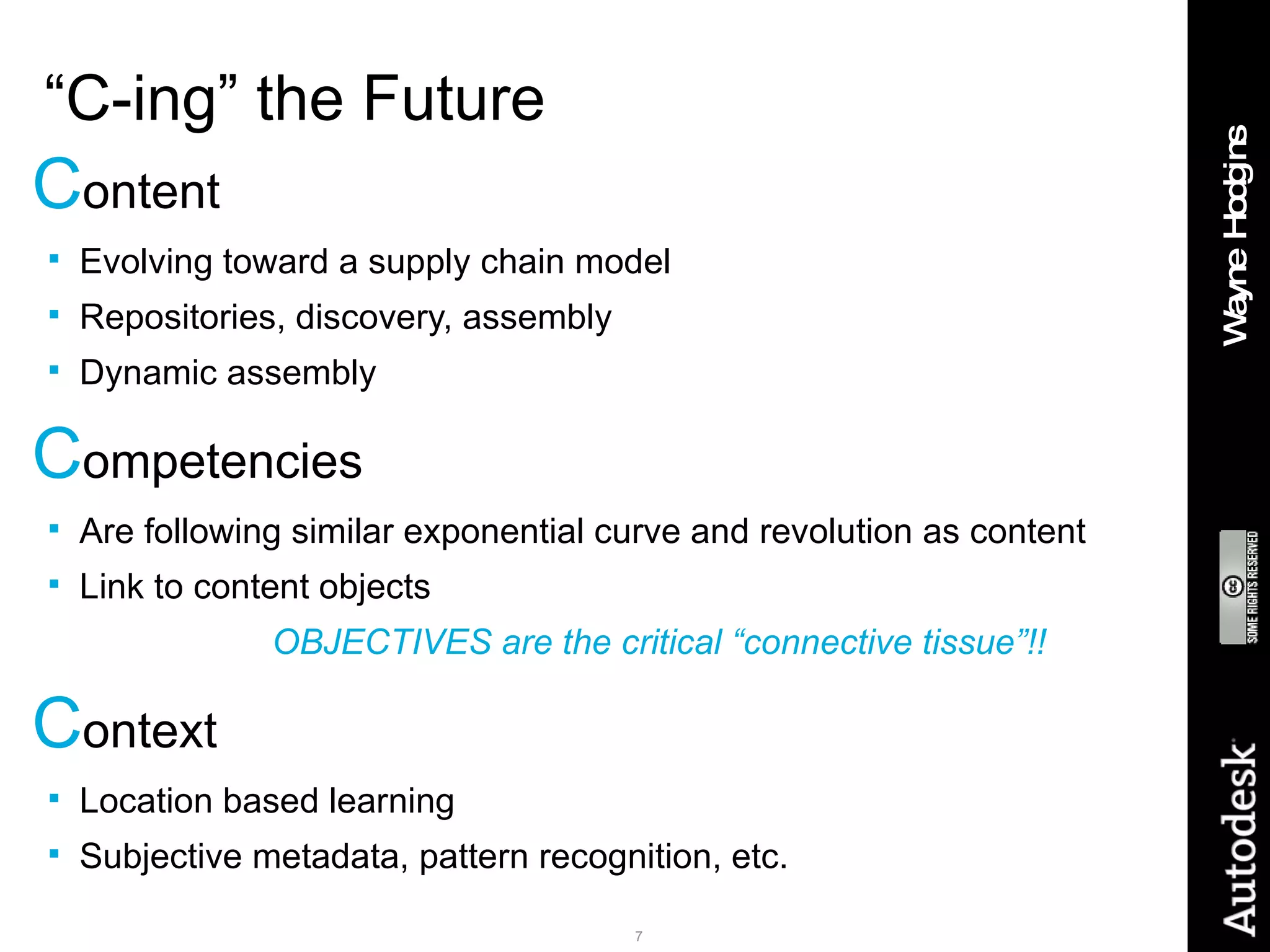“ C-ing” the Future C ontent Evolving toward a supply chain model Repositories, discovery, assembly Dynamic assembly C ompetencies Are following similar exponential curve and revolution as content Link to content objects OBJECTIVES are the critical “connective tissue”!! C ontext Location based learning Subjective metadata, pattern recognition, etc. 