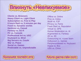 Clients vs. Browsers Heavy Client vs. Light Client Subscription vs. Free to Play 8 hours Raid vs. 5 minutes per day Fixed vs. Dynamic worlds Hardcore vs. Casual Fantasy vs. Sci-fi PC vs. Console Proffesional Art vs. UGC Keyboard vs. Mind Big Servers vs. Couds War vs. Peace Social vs. Games Predictable vs. Unpredictable Offline vs. Online Pros vs. Indies WoW vs. F2P Privacy vs. Fame Fresh Start vs. Reputation Virtual vs. GPS Human Moderation vs. AI Augmented vs. Fantasy 2D vs. 3D Outsourcing vs. «core» team Hollywood vs. Games Peripheral-Based vs. Keyboard Digital vs. Box USA vs. China 