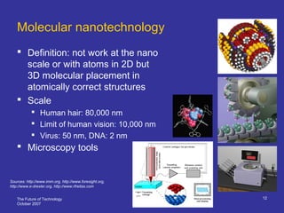 The Future of Technology
October 2007
12
Molecular nanotechnology
 Definition: not work at the nano
scale or with atoms in 2D but
3D molecular placement in
atomically correct structures
 Scale
 Human hair: 80,000 nm
 Limit of human vision: 10,000 nm
 Virus: 50 nm, DNA: 2 nm
 Microscopy tools
Sources: http://www.imm.org, http://www.foresight.org,
http://www.e-drexler.org, http://www.rfreitas.com
 