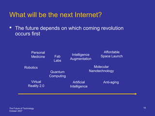 The Future of Technology
October 2007
19
 The future depends on which coming revolution
occurs first
What will be the next Internet?
Artificial
Intelligence
Molecular
Nanotechnology
Anti-aging
Virtual
Reality 2.0
Quantum
Computing
Robotics
Intelligence
Augmentation
Personal
Medicine
Affordable
Space Launch
Fab
Labs
 