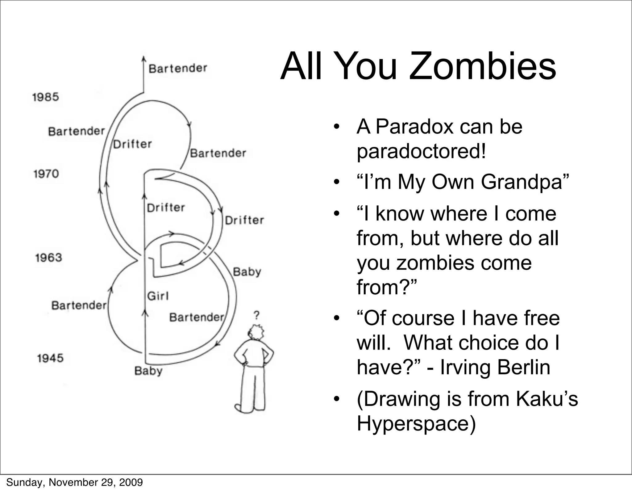 All You Zombies
                              • A Paradox can be
                                paradoctored!
                              • “I’m My Own Grandpa”
                              • “I know where I come
                                from, but where do all
                                you zombies come
                                from?”
                              • “Of course I have free
                                will. What choice do I
                                have?” - Irving Berlin
                              • (Drawing is from Kaku’s
                                Hyperspace)

Sunday, November 29, 2009
 
