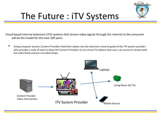 The	
  Future	
  :	
  iTV	
  Systems	
  
Cloud-­‐based	
  internet	
  television	
  (iTV)	
  systems	
  that	
  stream	
  video	
  signals	
  through	
  the	
  internet	
  to	
  the	
  consumer	
  
will	
  be	
  the	
  model	
  for	
  the	
  next	
  100	
  years.	
  
•  Using	
  computer	
  servers,	
  Content	
  Providers	
  feed	
  their	
  videos	
  into	
  the	
  electronic	
  channel	
  guide	
  of	
  the	
  ITV	
  system	
  provider,	
  
who	
  provides	
  a	
  suite	
  of	
  tools	
  to	
  allow	
  the	
  Content	
  Providers	
  to	
  run	
  virtual	
  TV	
  staBons	
  that	
  users	
  can	
  access	
  to	
  receive	
  both	
  
live	
  video	
  feeds	
  and	
  pre-­‐recorded	
  shows.	
  	
  	
  
Content	
  Provider	
  
Video	
  Host	
  Servers	
  
Mobile	
  Devices	
  
Living	
  Room	
  HD	
  TVs	
  
Laptops	
  
iTV	
  System	
  Provider	
  
 