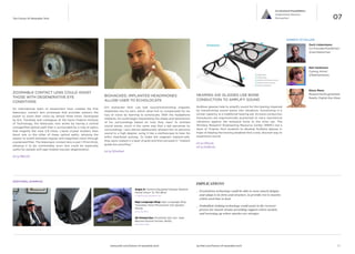 Hybrid technologies are being closely 
aligned and sometimes integrated with 
the human body to enhance existing 
perceptions and abilities. Whether 
through biomedical research or DIY 
‘hacks’, these innovations are designed 
to overcome personal challenges, while 
pushing the boundary in terms of what 
is possible. 
Biohacked, Implanted 
Headphones Allow User 
To Echolocate 
Zoomable Contact Lens Could 
Assist Those With Degenerative 
Eye Conditions 
www.psfk.com/future-of-wearable-tech iq.intel.com/future-of-wearable-tech 
The Future Of Wearable Tech 
Co-Evolved Possibilities 
Augmented Sensory 
Perception 07 
Hearing Aid Glasses Use Bone 
Conduction To Amplify Sound 
SUPPORTING DATA 
“If you’re going to put a machine in the loop that’s 
coprocessing what is being seen, ask what does the 
machine do that the user can’t do? This will provide a 
sixth or seventh sense to people.” 
— Stephen Balaban, Co-Founder. Lambda Labs 
“Ten years from now, assuming we can’t cure 
neurodegenerative diseases like Alzheimer’s human-computer 
interfaces will be able to do things like 
identify the people around you.” 
— Mary Lou Jepsen, Google X Display Group Lead 
University of London, 2013 
53 percent of Americans and 39 percent UK wearable tech 
survey respondents said that wearable tech has ‘made 
them feel more intelligent’. 
— Centre for Creative and Social Technology at Goldsmiths 
University of London, 2013 
07. AUGMENTED 
SENSORY PERCEPTION 
30 31 
 