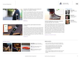 06

Tailored Ecosystem
Responsive Coaching

The Future Of Wearable Tech

EXPERTS TO FOLLOW

RUNNING APP PERSONALIZES WORKOUTS
BASED ON CURRENT STAMINA

Steven Dean
Designer/Prehype/@
sgdean

My ASICS is an app that helps runners to their own personal
trainer by creating adaptive training plans that evolve as their
workout continues. The app is designed to understand how a
runner’s body is responding to the workout utilizing a series of
software algorithms to better calculate what type of workout
best suits their changing needs. My ASICS works by constantly
molding a plan around the runner’s performance levels,
progressively pushing them harder to increase the intensity of
their workout, and helping them reach their fitness goals faster.
myasics.us
bit.ly/1aYTu4Y

Nirinjan Yee
Founder, President/
BreathResearch

SENSOR EMBEDDED SOCKS HELP PREVENT
INJURIES BEFORE THEY HAPPEN

STRAP NOTIFIES USER WHEN POSTURE IS
SLIPPING
The LUMOBack is a position sensor that users strap around
their waist to measure their posture and sleeping positions. The
device is programmed to buzz when users slouch. With the help
of an iOS app, it also tells how many steps users have walked and
how many times they stood up during the day, even reminding
them to stand every thirty minutes or so and offer more detailed
feedback on posture. The app also offers even a posture score
that rates users compared to the average LUMOBack user.
The passive monitoring provides an easy way to monitor and
improve daily posture.

Kevin Kelly
Senior Maverick/
WIRED/@Kevin2Kelly

Sensoria has developed a pair of sensor-embedded socks that
not only tracks traditional fitness data such as the number of
steps, speed and total distance a user has traveled, but also
provides data about running form and technique. The socks
keep tabs on a person’s weight distribution and the form of
their feet while standing, walking and running. Using this data,
it’s possible to identify poor running styles and prevent injuries
before they happen. An accompanying app delivers simple
advice about how to unlearn poor running tendencies. It can
also benchmark and analyze performance to give sock wearers
a clearer picture of how their performance improves in tandem
with their technique.
heapsylon.com/welcome-to-sensoria

lumoback.com

IMPLICATIONS

ADDITIONAL EXAMPLES

MENTORBike: Personal Tracking Data
Controls Exercise Bike’s Level Of Difficulty

__ Sensors could detect when a person has been sedentary for
long periods, and recommend a stretching or health routine.

bit.ly/1au4T7g

Vigo: Energy-Gauge Headset Monitors
Blinks To Keep Wearers Awake
kck.st/1gE3HWj

UP24: Fitness Band Alerts Users When
They Have Not Moved For An Hour
jawbone.com/up

www.psfk.com/future-of-wearable-tech

__ Sensors would help students learn about which subject
material stimulates their brains the most, and provides
recommendations which support lateral thinking
in an educational setting (you may also like type
recommendations...)
__ Fitness tracking technology could monitor activity levels and
provide a nudge to indicate when to rest or when to push
activities.

iq.intel.com/future-of-wearable-tech

18

 