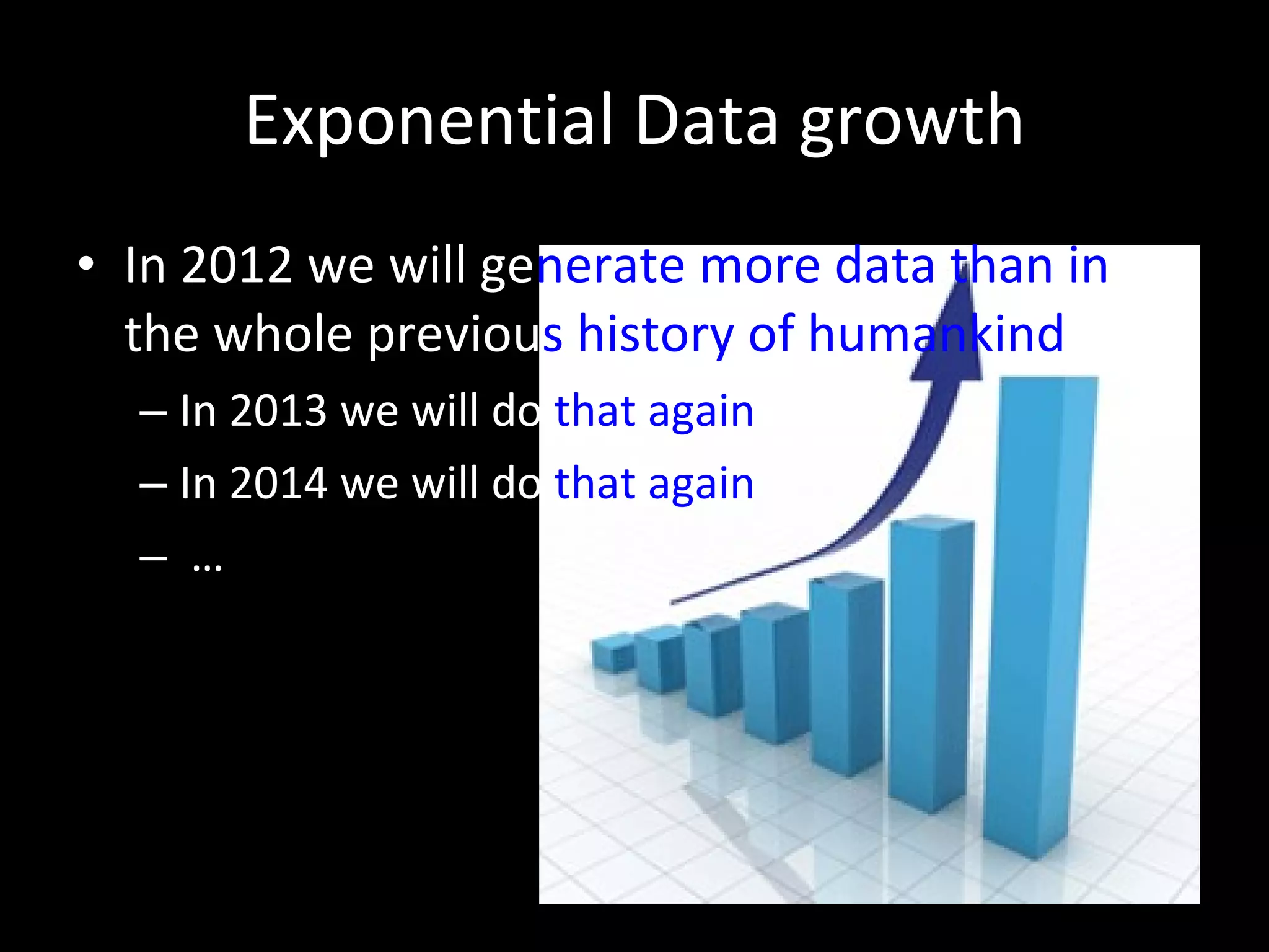 Exponential Data growth In 2012 we will ge nerate more data than in  the whole previou s   history of humankind In 2013 we will do  that again In 2014 we will do  that again … 