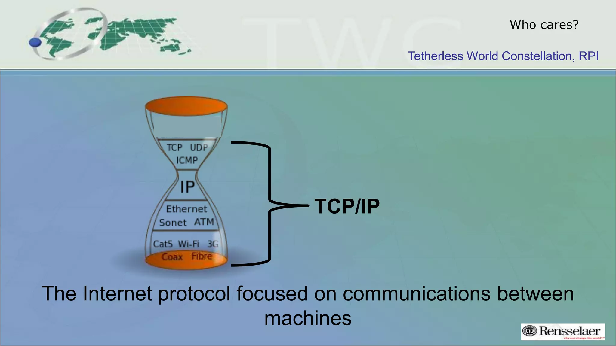 Tetherless World Constellation, RPI
Who cares?
TCP/IP
The Internet protocol focused on communications between
machines
 