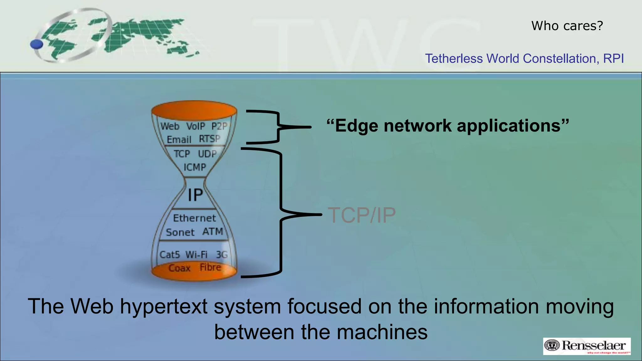 Tetherless World Constellation, RPI
Who cares?
The Web hypertext system focused on the information moving
between the machines
TCP/IP
“Edge network applications”
 