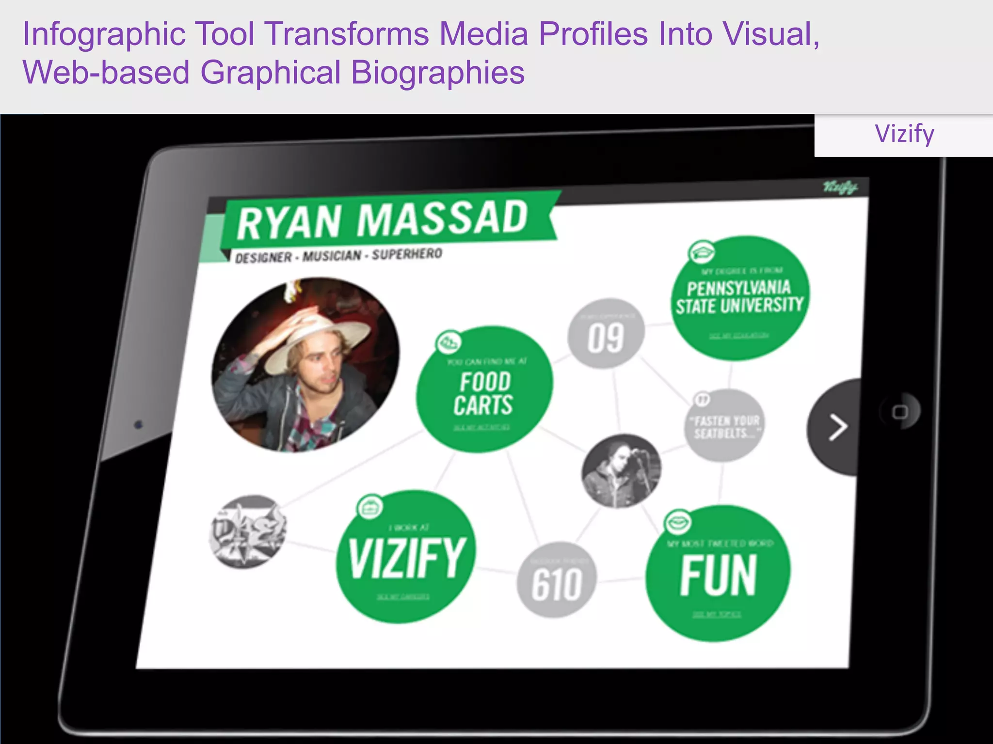Infographic Tool Transforms Media Profiles Into Visual,
Web-based Graphical Biographies
                                                          Vizify
 