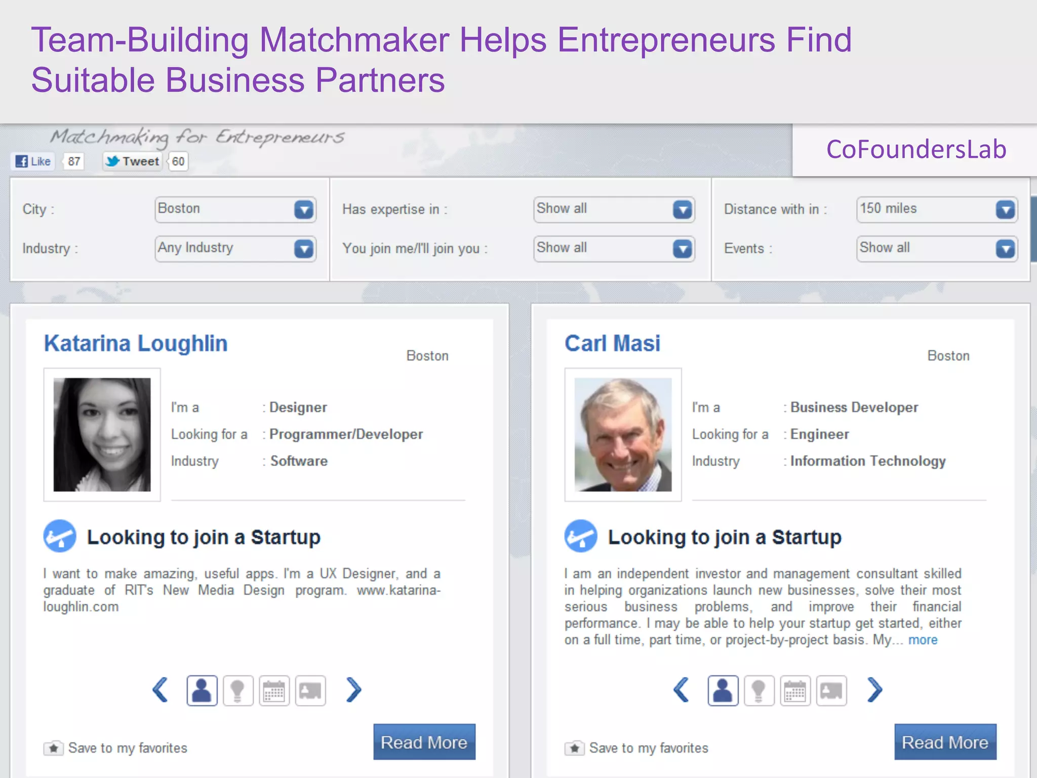 Team-Building Matchmaker Helps Entrepreneurs Find
Suitable Business Partners
                                               CoFoundersLab
 