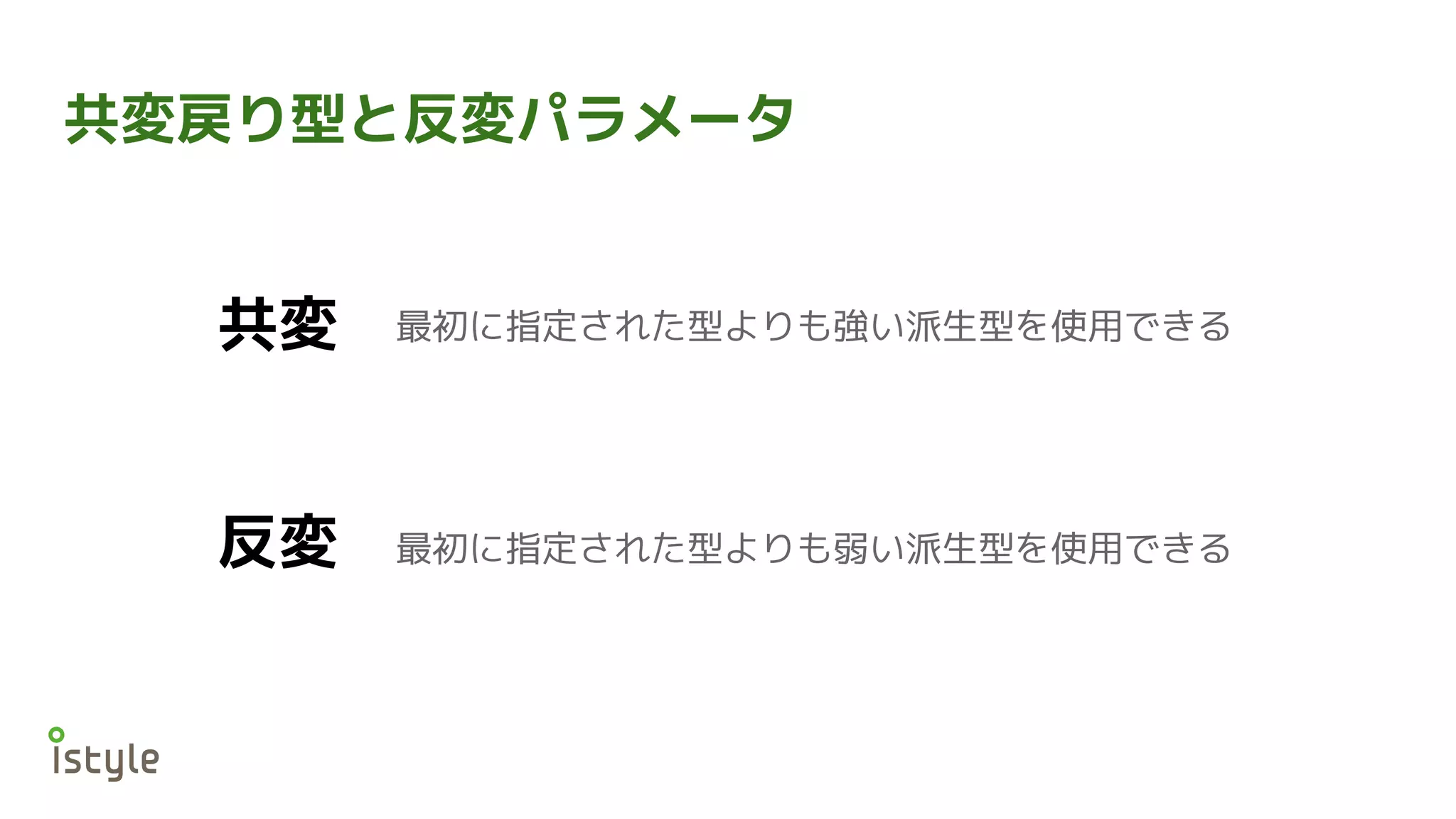 共変戻り型と反変パラメータ
反変
共変 最初に指定された型よりも強い派生型を使用できる
最初に指定された型よりも弱い派生型を使用できる
 