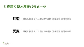 共変戻り型と反変パラメータ
反変
共変 最初に指定された型よりも強い派生型を使用できる
最初に指定された型よりも弱い派生型を使用できる
 