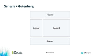 #wpewebinar
Genesis + Gutenberg
Header
Footer
Sidebar Content
 