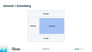 #wpewebinar
Genesis + Gutenberg
Header
Footer
Sidebar Content
 