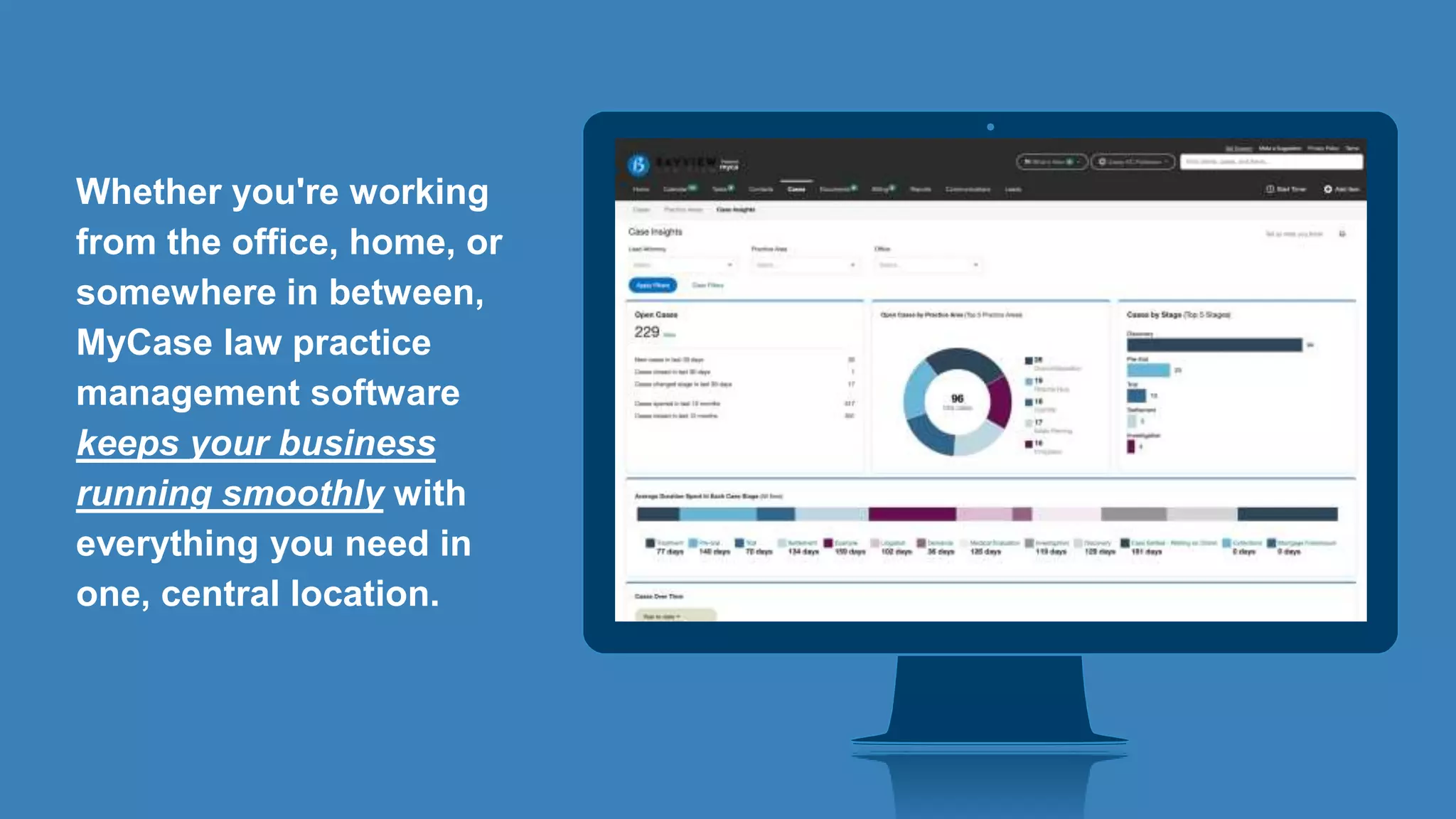 Whether you're working
from the office, home, or
somewhere in between,
MyCase law practice
management software
keeps your business
running smoothly with
everything you need in
one, central location.
 