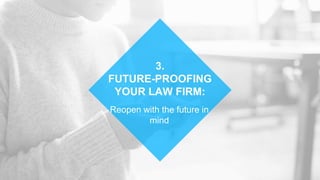 Reopen with the future in
mind
3.
FUTURE-PROOFING
YOUR LAW FIRM:
 