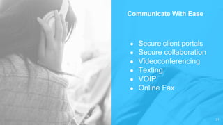 ● Secure client portals
● Secure collaboration
● Videoconferencing
● Texting
● VOIP
● Online Fax
Communicate With Ease
31
 