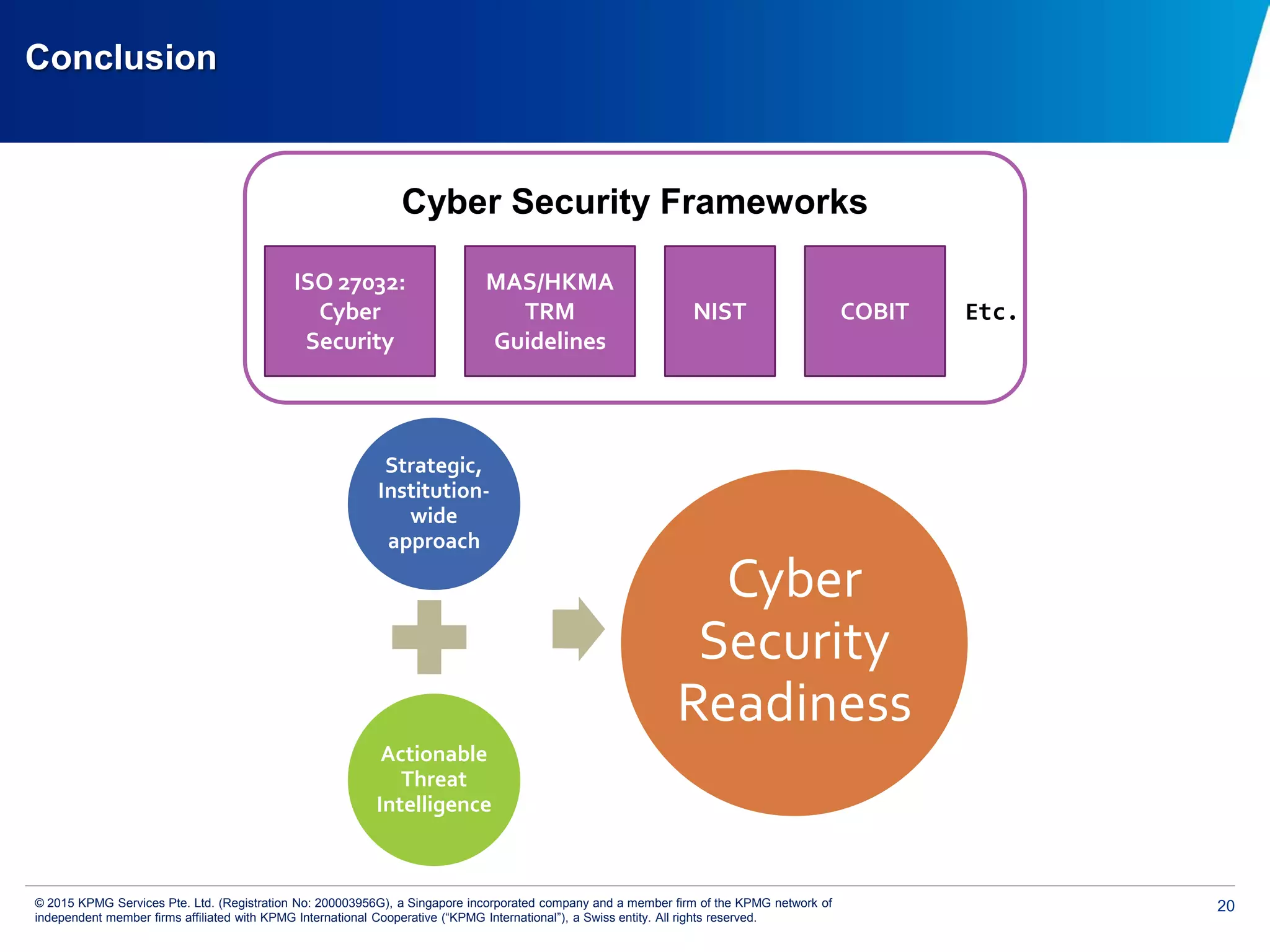 20© 2015 KPMG Services Pte. Ltd. (Registration No: 200003956G), a Singapore incorporated company and a member firm of the KPMG network of
independent member firms affiliated with KPMG International Cooperative (“KPMG International”), a Swiss entity. All rights reserved.
Conclusion
Cyber Security Frameworks
ISO 27032:
Cyber
Security
MAS/HKMA
TRM
Guidelines
NIST COBIT Etc.
Strategic,
Institution-
wide
approach
Actionable
Threat
Intelligence
Cyber
Security
Readiness
 