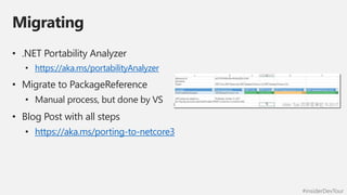 #insiderDevTour
Migrating
• .NET Portability Analyzer
• https://aka.ms/portabilityAnalyzer
• Migrate to PackageReference
• Manual process, but done by VS
• Blog Post with all steps
• https://aka.ms/porting-to-netcore3
 