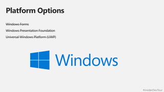 #insiderDevTour
Platform Options
Windows Forms
Windows Presentation Foundation
Universal Windows Platform (UWP)
 