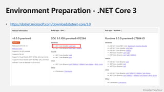 #insiderDevTour
Environment Preparation - .NET Core 3
• https://dotnet.microsoft.com/download/dotnet-core/3.0
 