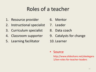Roles of a teacher
1. Resource provider
2. Instructional specialist
3. Curriculum specialist
4. Classroom supporter
5. Learning facilitator
6. Mentor
7. Leader
8. Data coach
9. Catalysts for change
10. Learner
• Source
http://www.slideshare.net/alexlegara
1/ten-roles-for-teacher-leaders
13
 