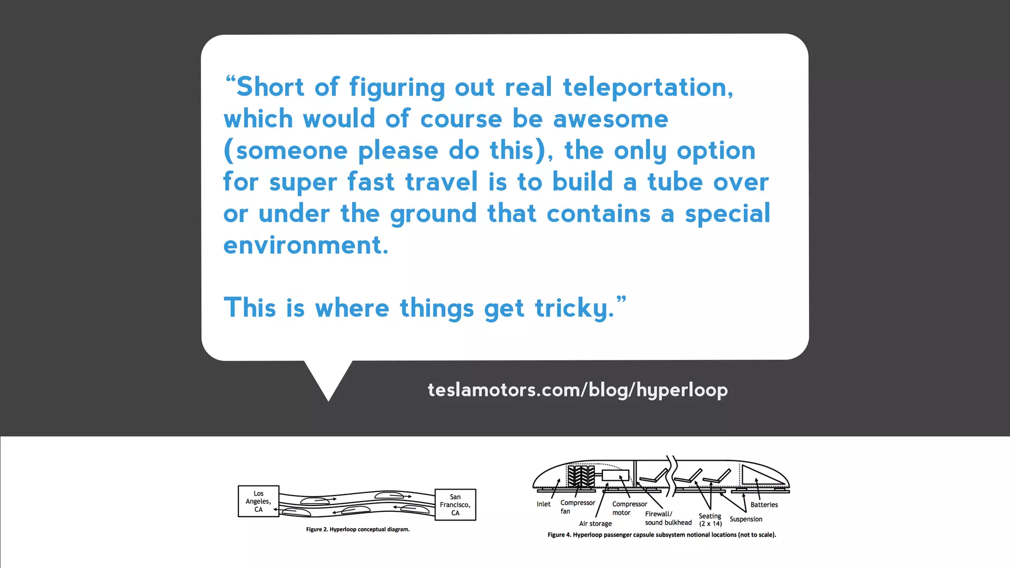 “Short of figuring out real teleportation,
which would of course be awesome
(someone please do this), the only option
for super fast travel is to build a tube over
or under the ground that contains a special
environment.
!
This is where things get tricky.”
teslamotors.com/blog/hyperloop
 