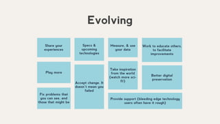Share your
experiences
Specs &
upcoming
technologies
Measure, & use
your data
Better digital
preservation
Play more
Take inspiration
from the world
(watch more sci-
fi!)
Evolving
Accept change. It
doesn’t mean you
failed
Work to educate others,
to facilitate
improvements
Fix problems that
you can see, and
those that might be
Provide support (bleeding edge technology
users often have it rough)
 